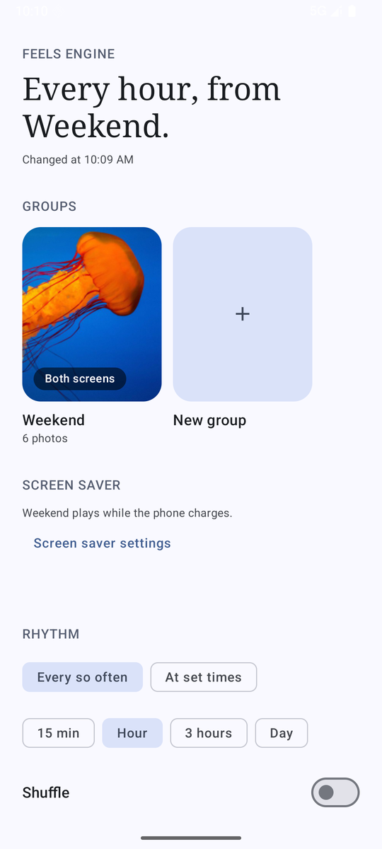 The app's one page: a group called Weekend, the rhythm chips and the screen saver line