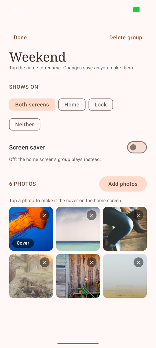 A group page with six photos and the screens it shows on